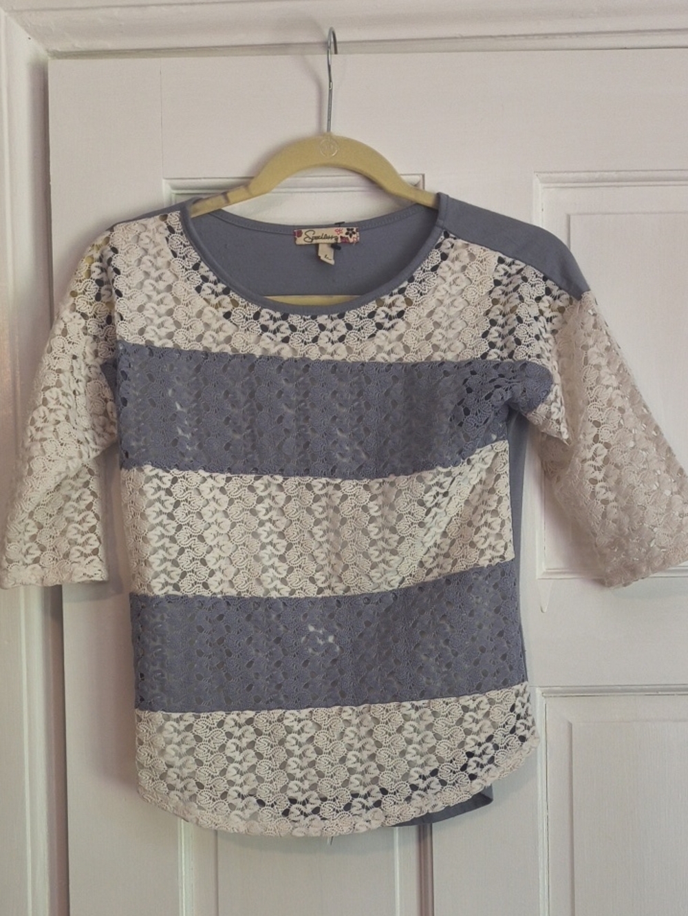 Speechless Cream and Gray Lace Stripe Women's Top